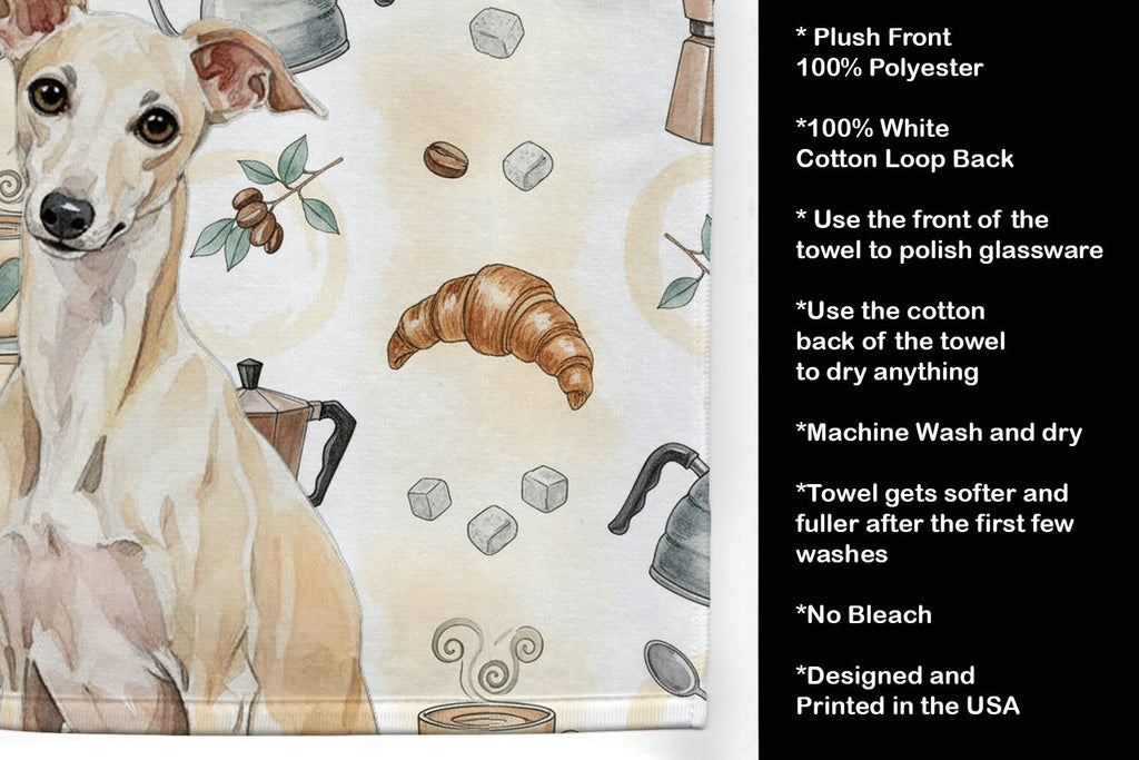 Cream Italian Greyhound Coffee Bar Kitchen Towel Velour Plush Front and Cotton Loop Back Machine Washable