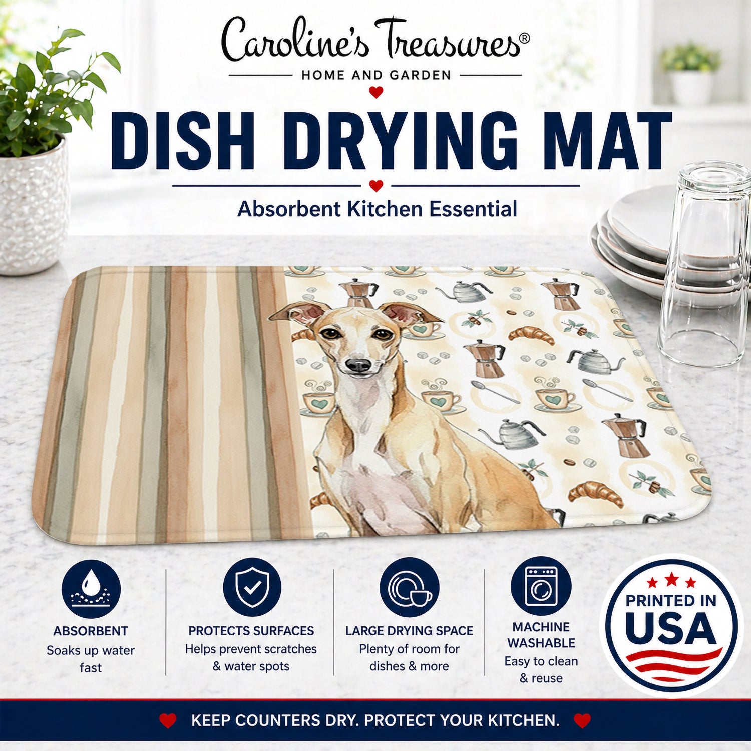 Fawn Italian Greyhound Coffee Bar Dish Drying Mat Absorbent Dish Drying Mat Pad for Kitchen Counter Dish Drainer Mat for Countertop, 14 x 21", Multicolor