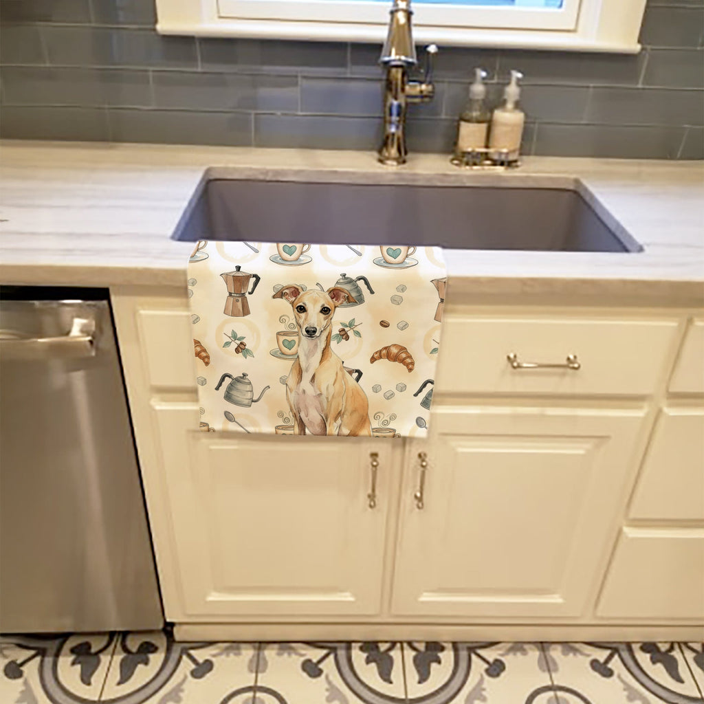 Fawn Italian Greyhound Coffee Bar Kitchen Towel Velour Plush Front and Cotton Loop Back Machine Washable
