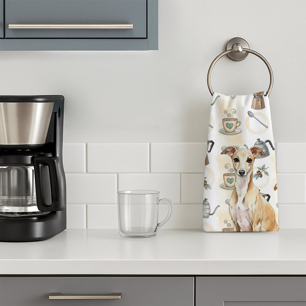 Fawn Italian Greyhound Coffee Bar Kitchen Towel Velour Plush Front and Cotton Loop Back Machine Washable
