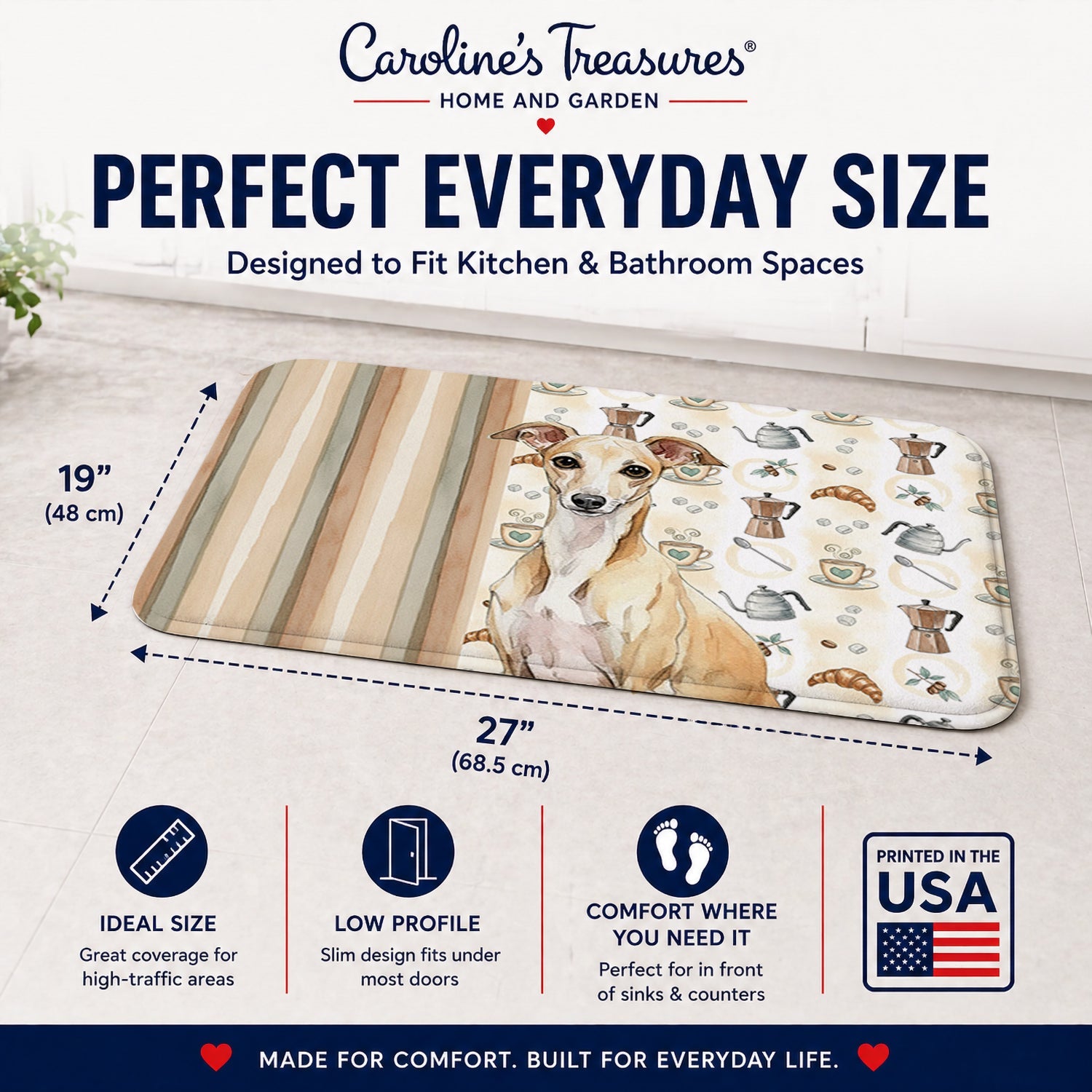 Fawn Italian Greyhound Coffee Bar Memory Foam Kitchen Mat Machine Washable Anti-Fatigue Cushion Comfort Bath or Kitchen Rug