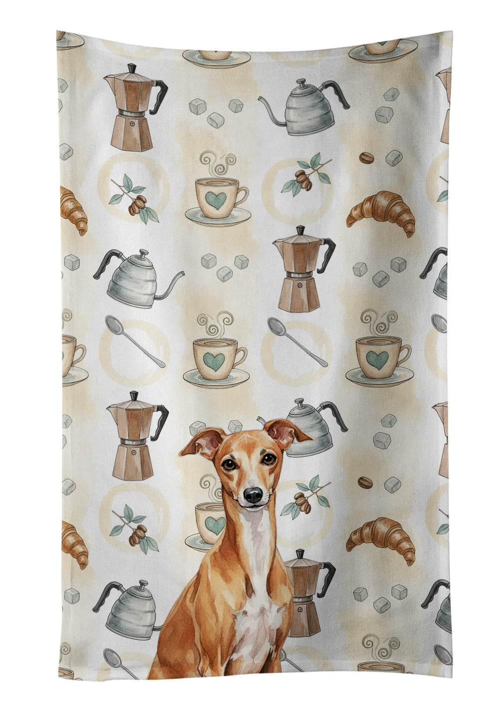 Red Italian Greyhound Coffee Bar Kitchen Towel Velour Plush Front and Cotton Loop Back Machine Washable