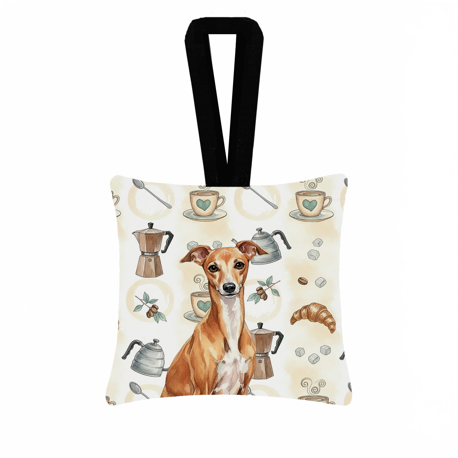 Red Italian Greyhound Coffee Bar Hanging Square Fabric Ornament 3.5 � 3.5 Decorative Door-Knob & Tree Hanger, Soft Fabric