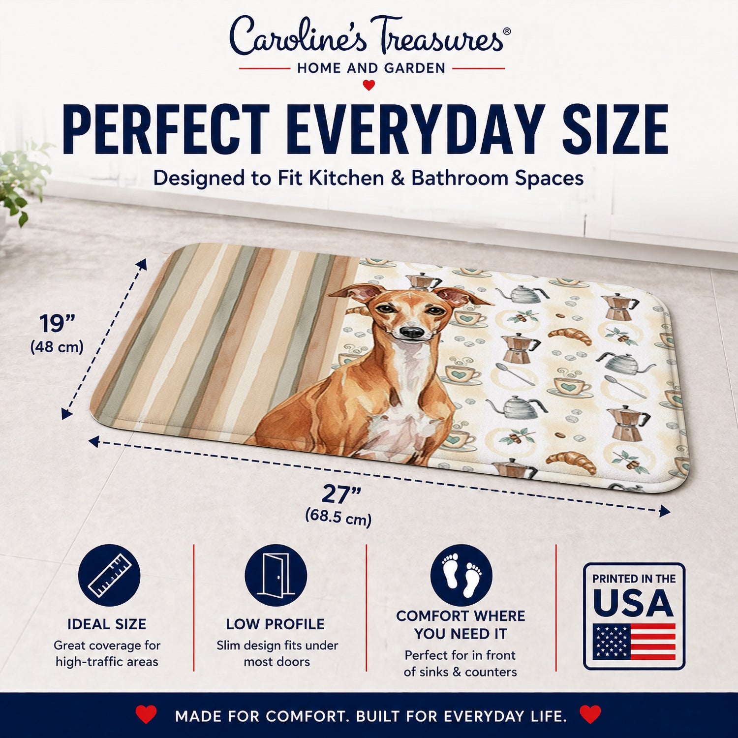 Red Italian Greyhound Coffee Bar Memory Foam Kitchen Mat Machine Washable Anti-Fatigue Cushion Comfort Bath or Kitchen Rug