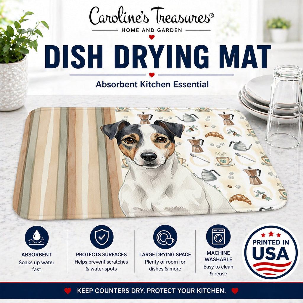 White and Black Jack Russell Terrier Coffee Bar Dish Drying Mat Absorbent Dish Drying Mat Pad for Kitchen Counter Dish Drainer Mat for Countertop, 14 x 21", Multicolor