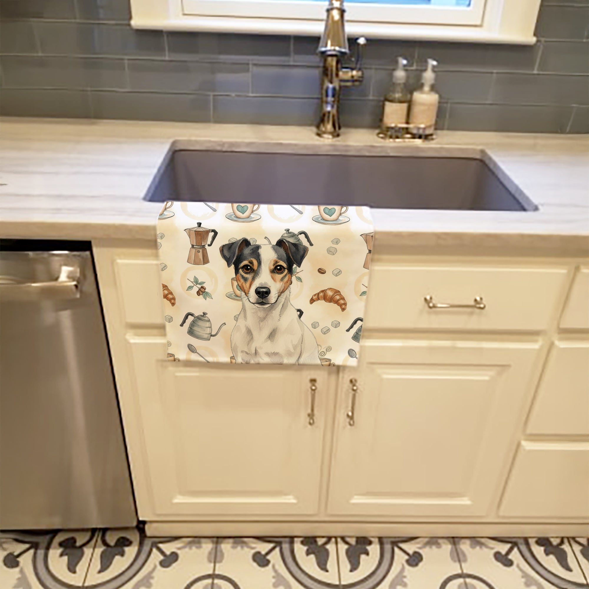 White and Black Jack Russell Terrier Coffee Bar Kitchen Towel Velour Plush Front and Cotton Loop Back Machine Washable