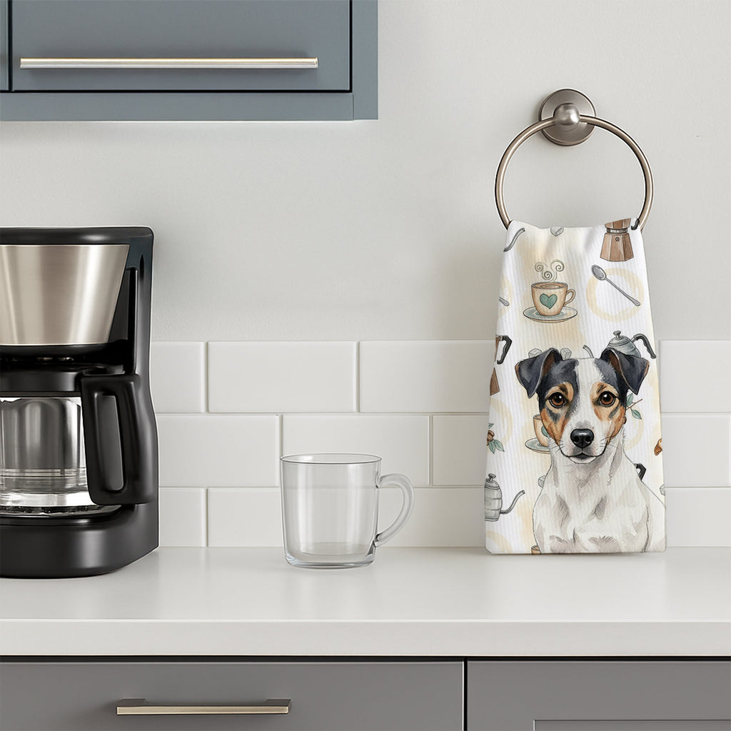 White and Black Jack Russell Terrier Coffee Bar Kitchen Towel Velour Plush Front and Cotton Loop Back Machine Washable