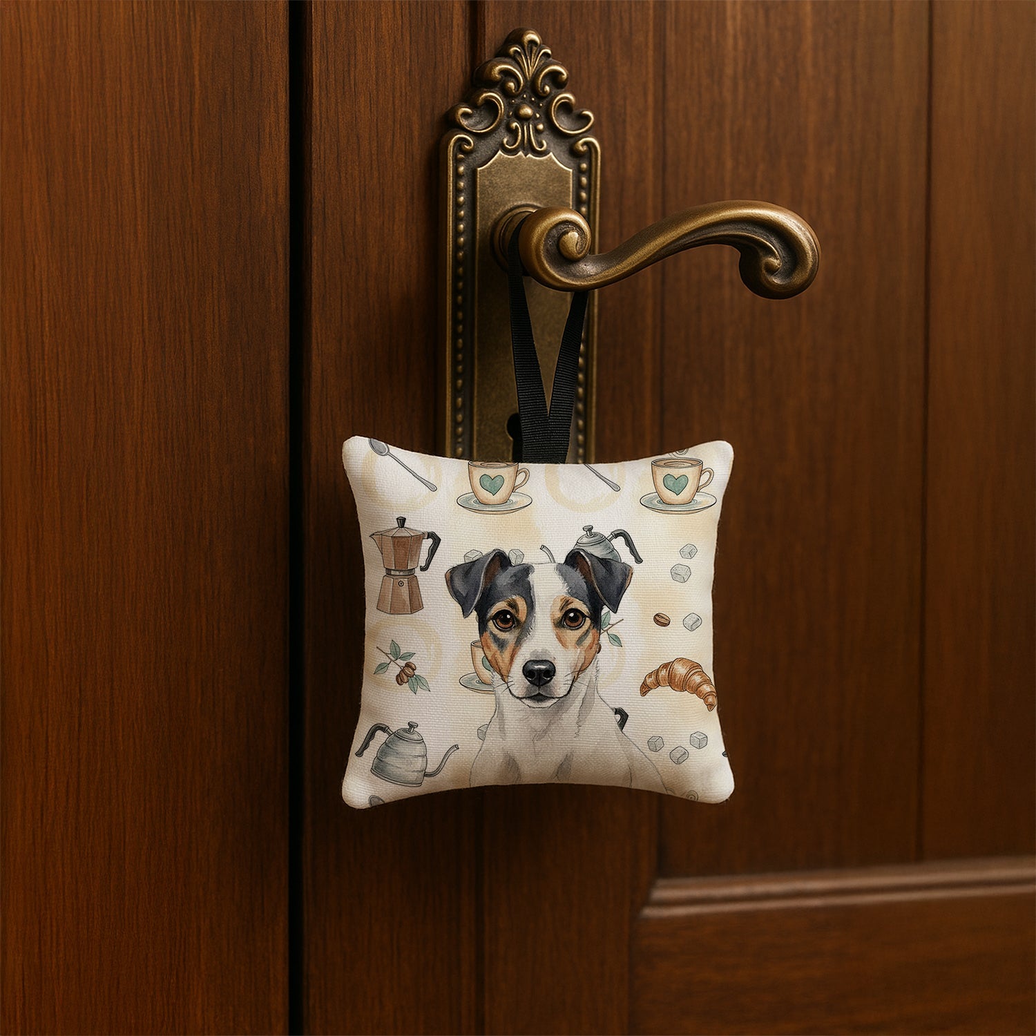 White and Black Jack Russell Terrier Coffee Bar Hanging Square Fabric Ornament 3.5 � 3.5 Decorative Door-Knob & Tree Hanger, Soft Fabric
