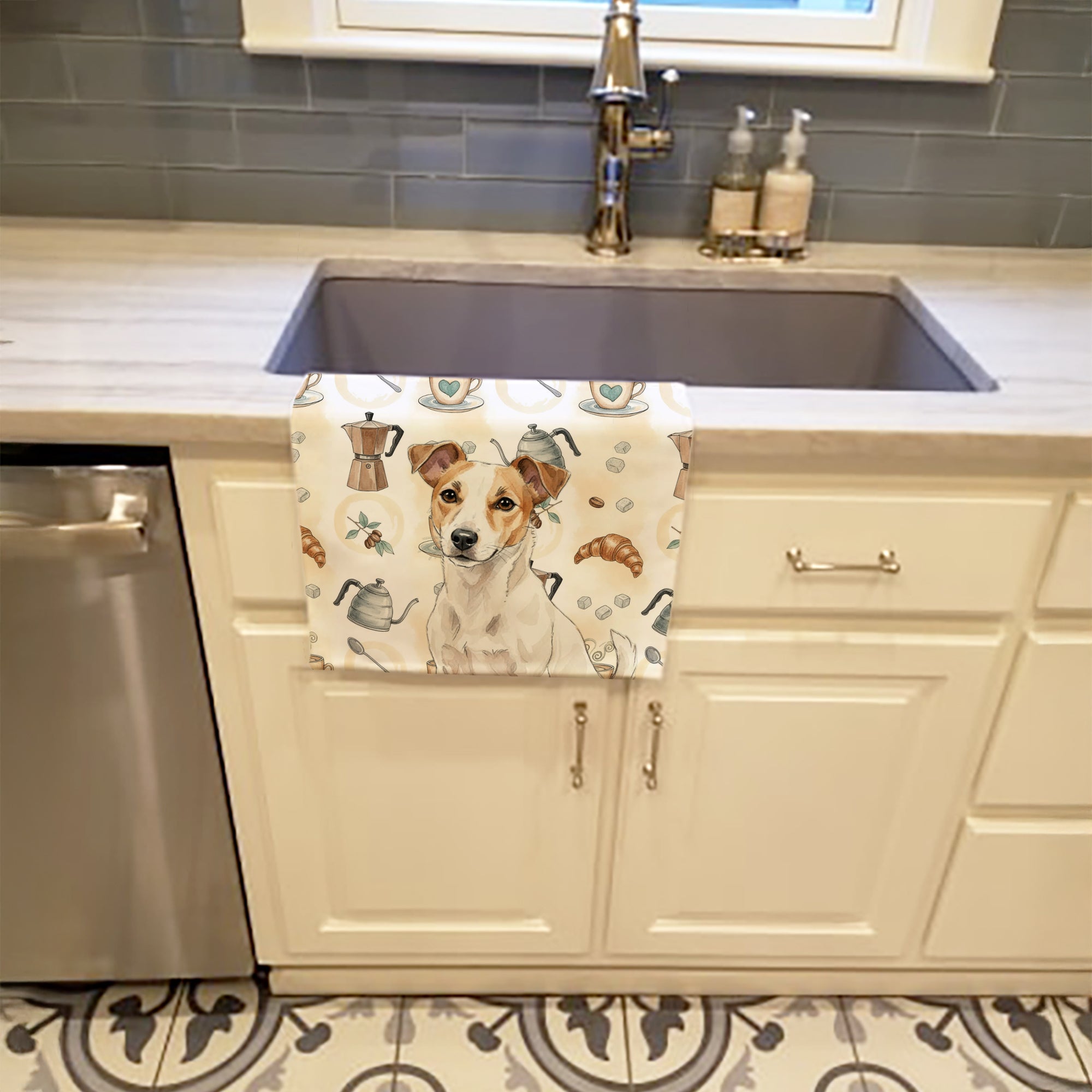 White and Tan Jack Russell Terrier Coffee Bar Kitchen Towel Velour Plush Front and Cotton Loop Back Machine Washable