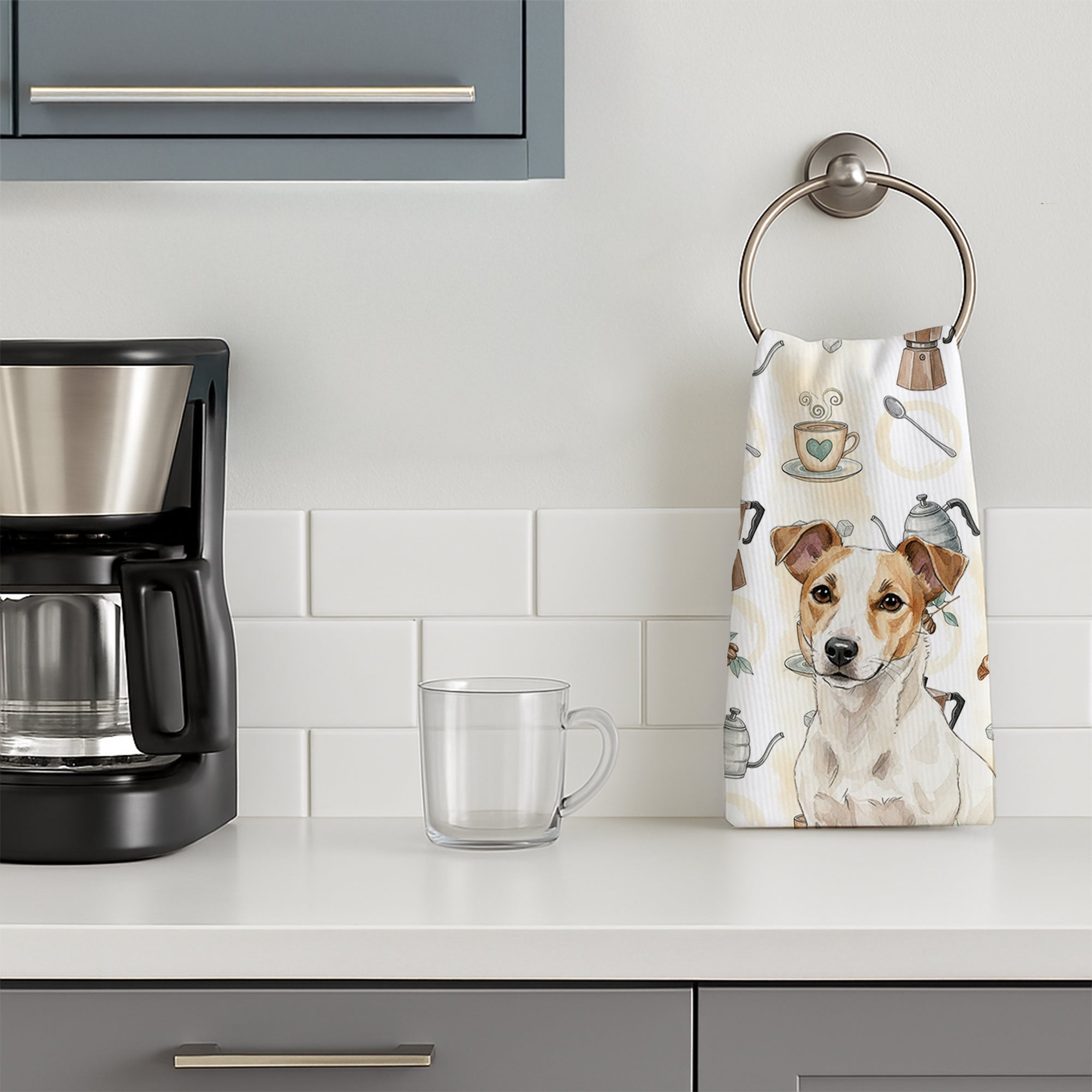 White and Tan Jack Russell Terrier Coffee Bar Kitchen Towel Velour Plush Front and Cotton Loop Back Machine Washable
