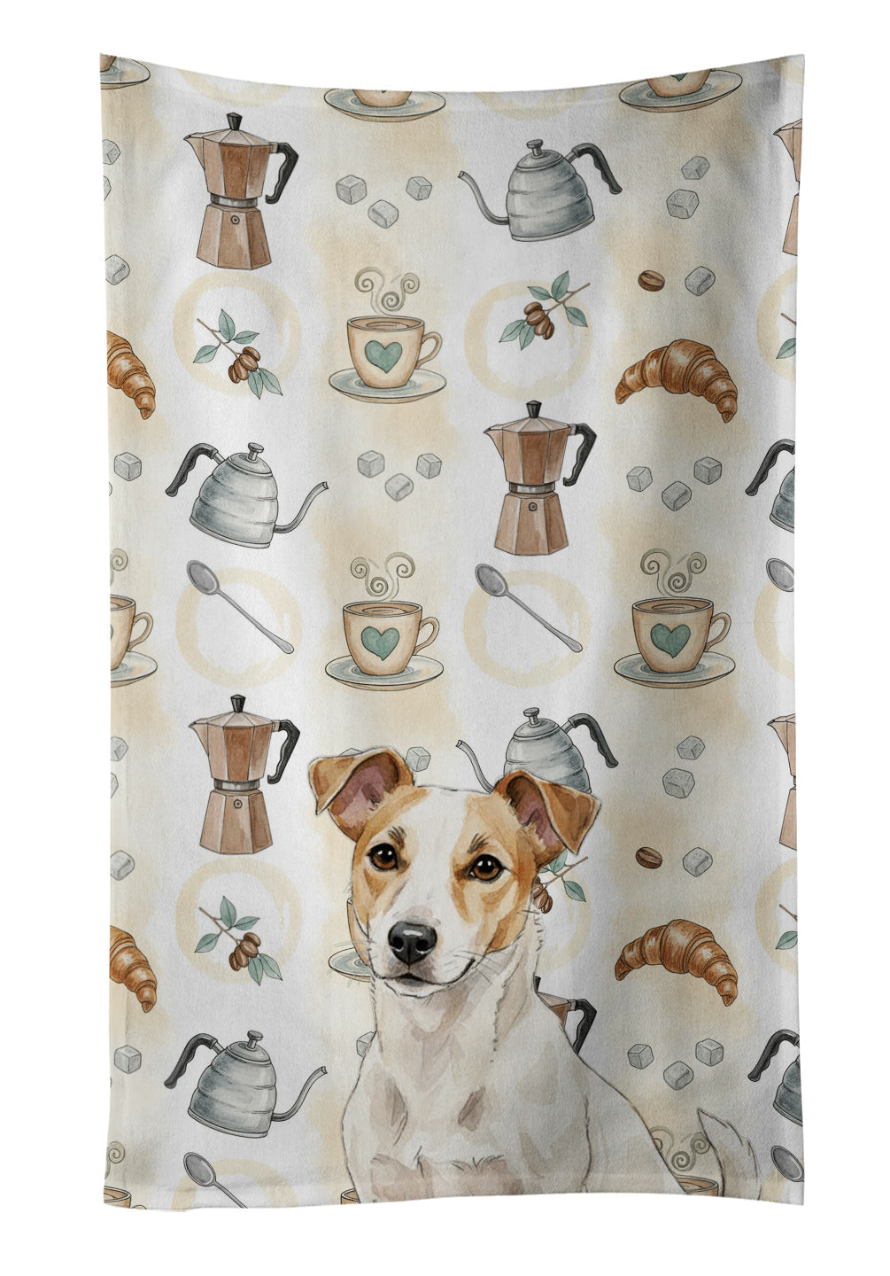 White and Tan Jack Russell Terrier Coffee Bar Kitchen Towel Velour Plush Front and Cotton Loop Back Machine Washable