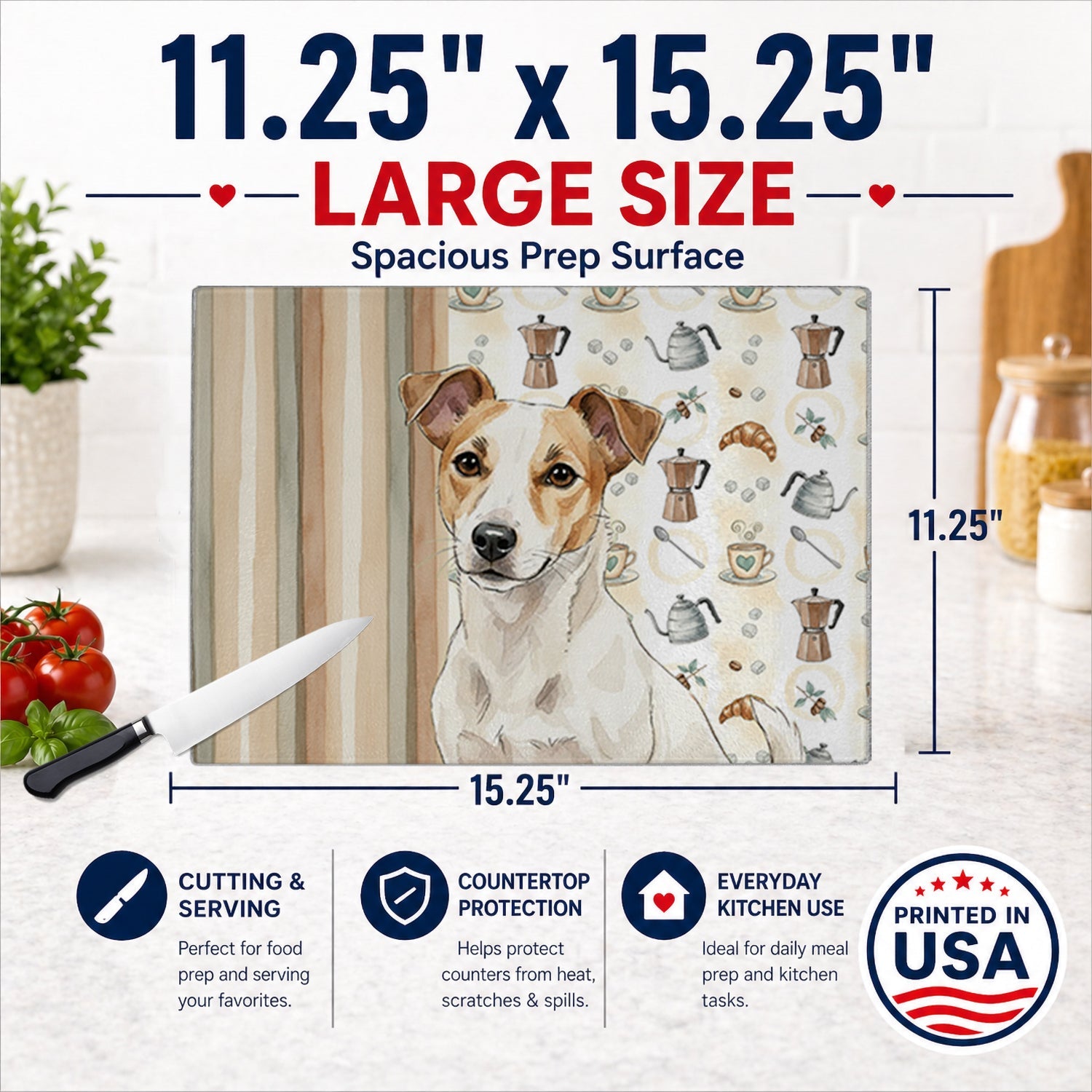 White and Tan Jack Russell Terrier Coffee Bar Cutting Board Tempered Glass Kitchen Cutting Surface, Heat Resistant Chopping, Non-Slip Feet, Food Prep & Serving