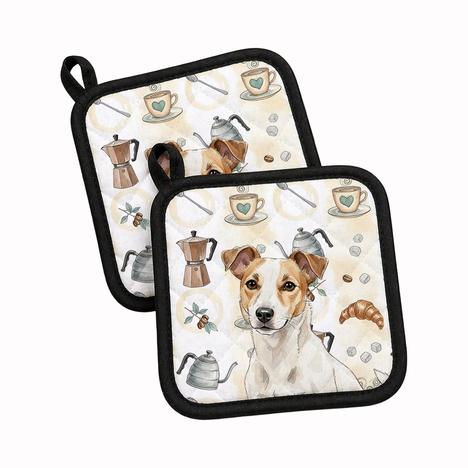 White and Tan Jack Russell Terrier Coffee Bar Pot Holder Set of 2 Heat Resistant Quilted Hot Pads 7.5 x 7.5 Inch, Insulated Kitchen Trivets for Cooking & Baking