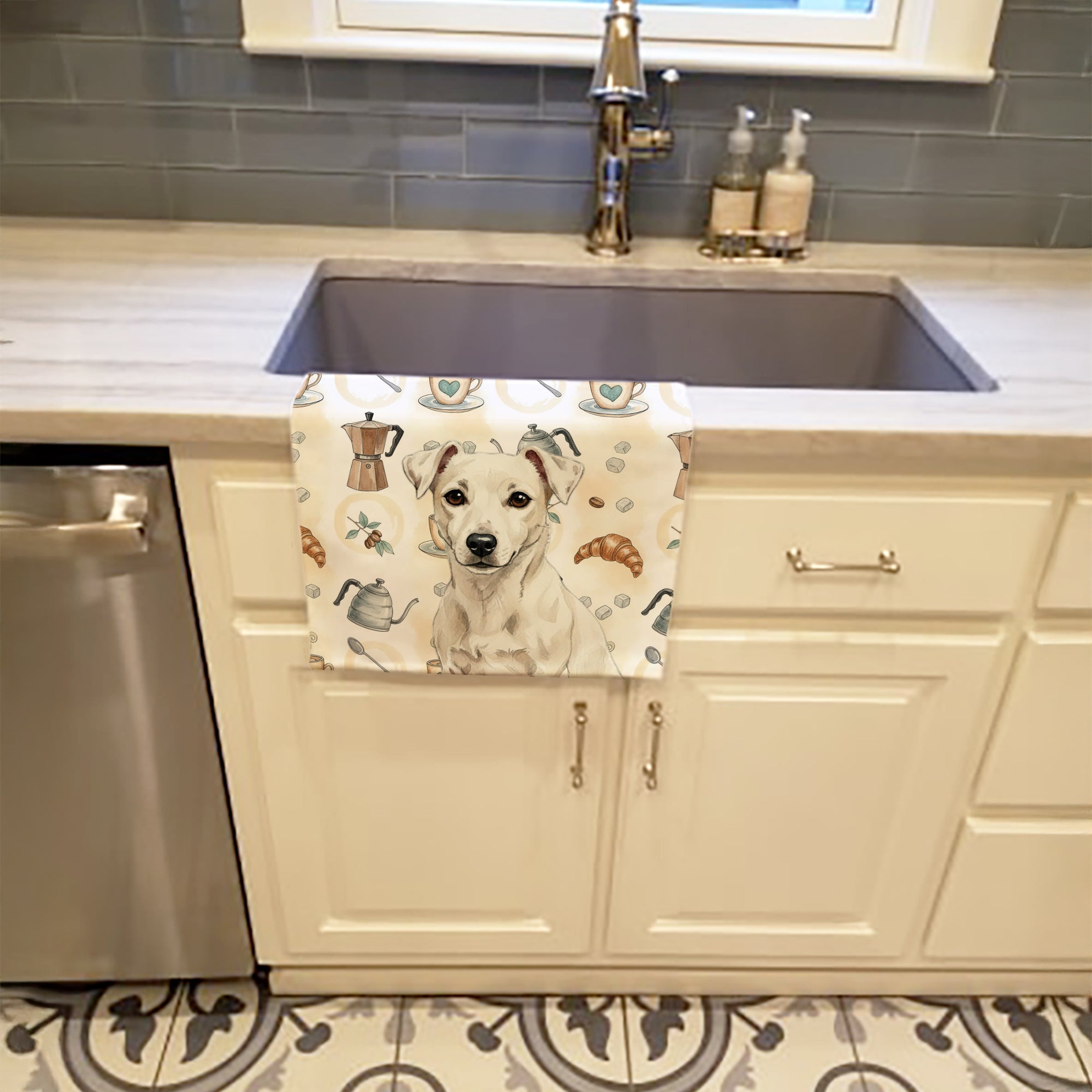 White Jack Russell Terrier Coffee Bar Kitchen Towel Velour Plush Front and Cotton Loop Back Machine Washable