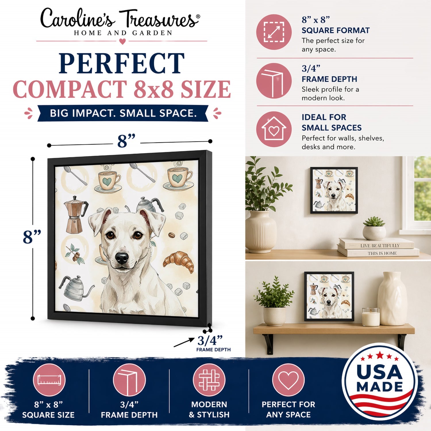 White Jack Russell Terrier Coffee Bar Framed Metal Print Bathroom, Kitchen, Office, Home Decor Wall Art Ready to Hang, Square, 8X8