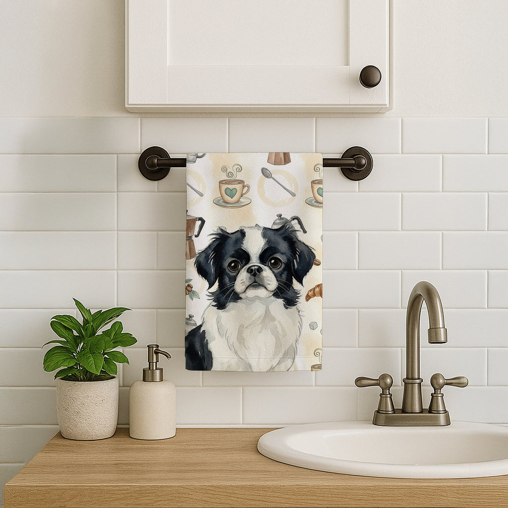 Black and White Japanese Chin Coffee Bar Kitchen Towel Velour Plush Front and Cotton Loop Back Machine Washable