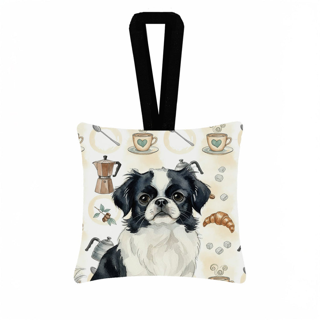 Black and White Japanese Chin Coffee Bar Hanging Square Fabric Ornament 3.5 � 3.5 Decorative Door-Knob & Tree Hanger, Soft Fabric