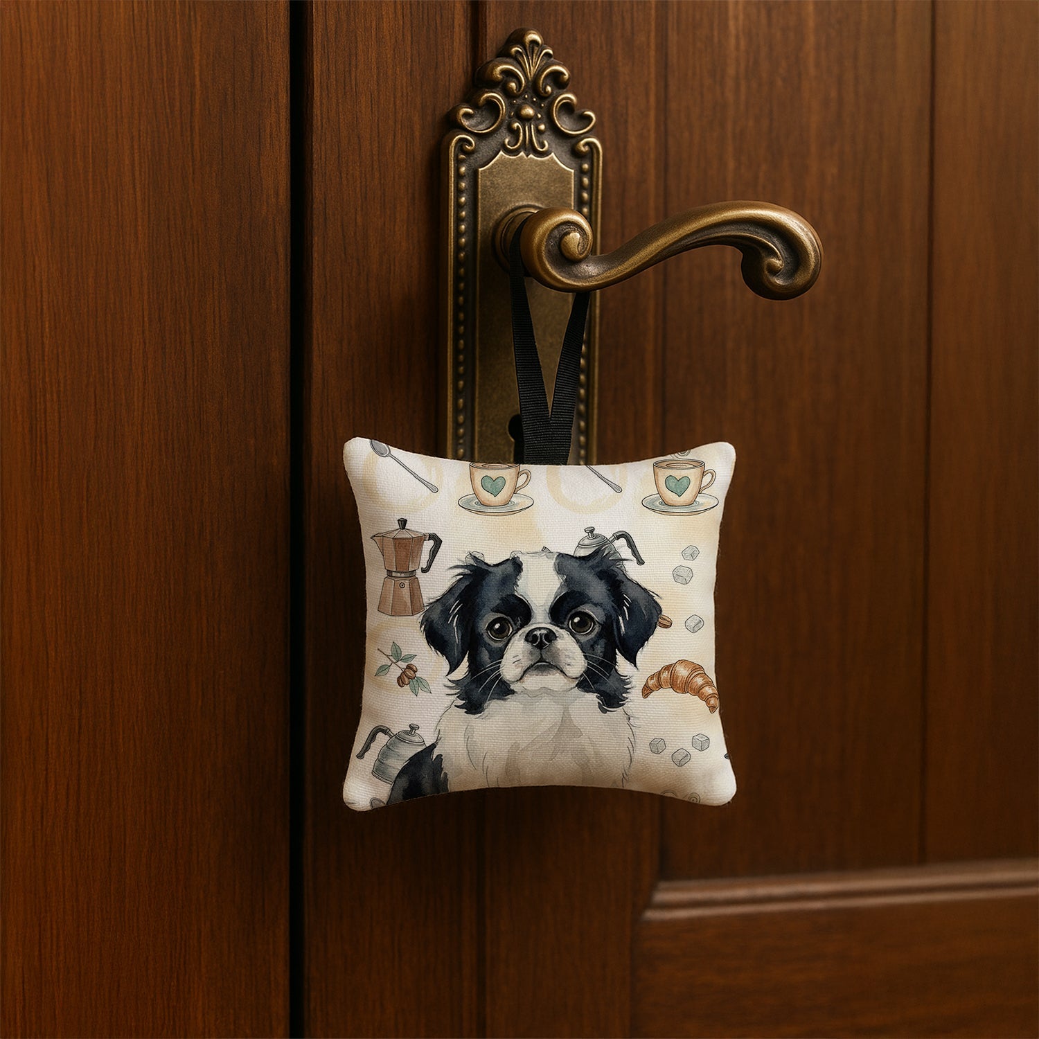 Black and White Japanese Chin Coffee Bar Hanging Square Fabric Ornament 3.5 � 3.5 Decorative Door-Knob & Tree Hanger, Soft Fabric