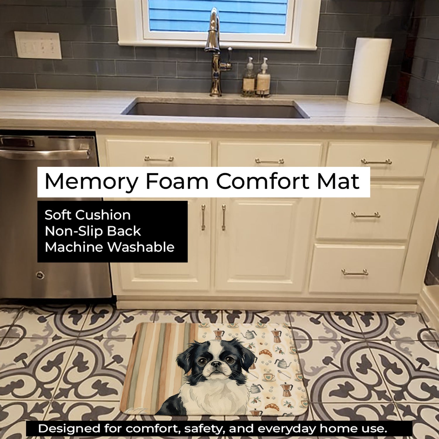 Black and White Japanese Chin Coffee Bar Memory Foam Kitchen Mat Machine Washable Anti-Fatigue Cushion Comfort Bath or Kitchen Rug