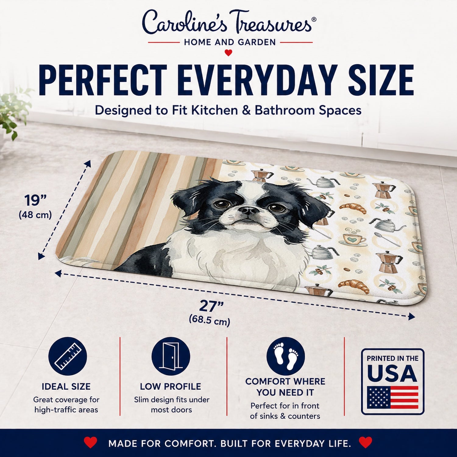 Black and White Japanese Chin Coffee Bar Memory Foam Kitchen Mat Machine Washable Anti-Fatigue Cushion Comfort Bath or Kitchen Rug