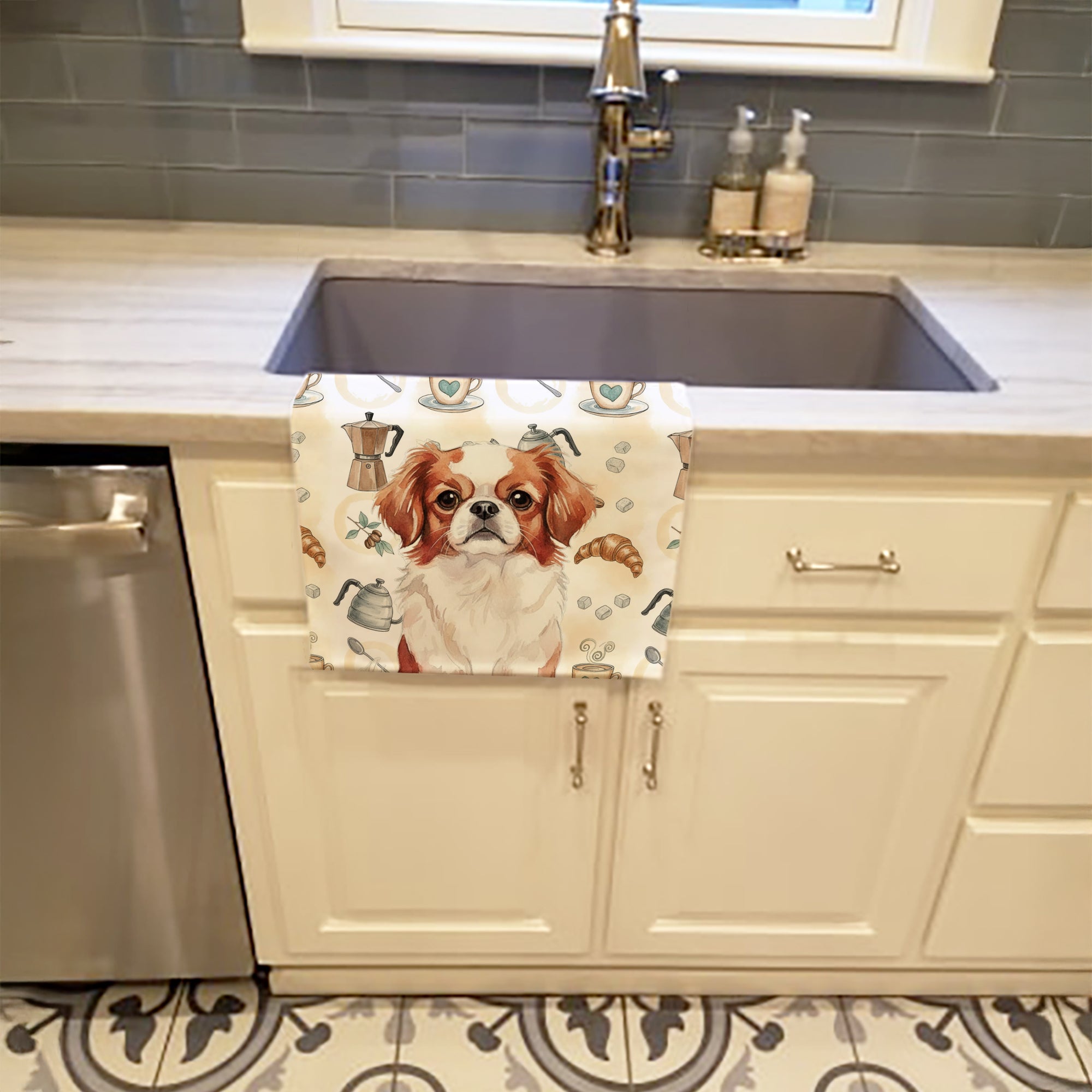 Red and White Japanese Chin Coffee Bar Kitchen Towel Velour Plush Front and Cotton Loop Back Machine Washable