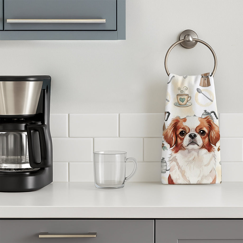 Red and White Japanese Chin Coffee Bar Kitchen Towel Velour Plush Front and Cotton Loop Back Machine Washable