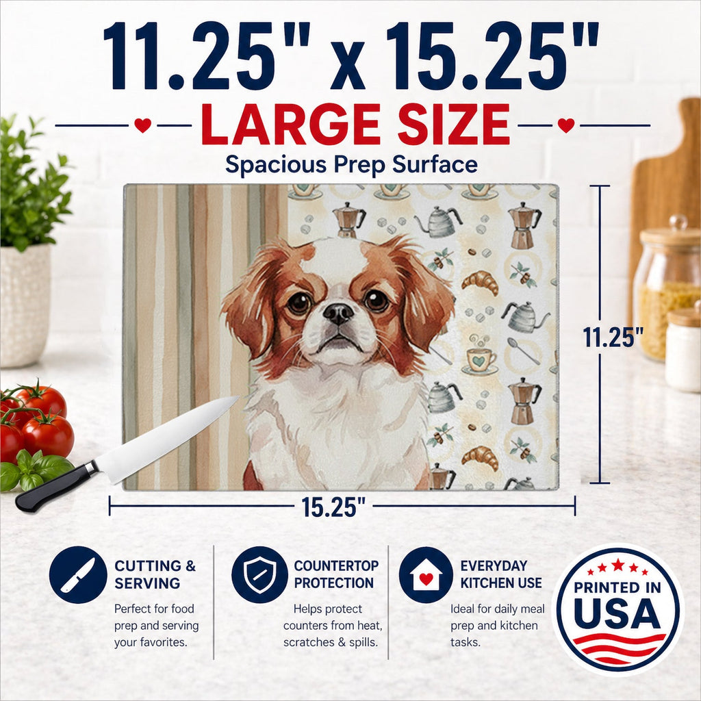 Red and White Japanese Chin Coffee Bar Cutting Board Tempered Glass Kitchen Cutting Surface, Heat Resistant Chopping, Non-Slip Feet, Food Prep & Serving