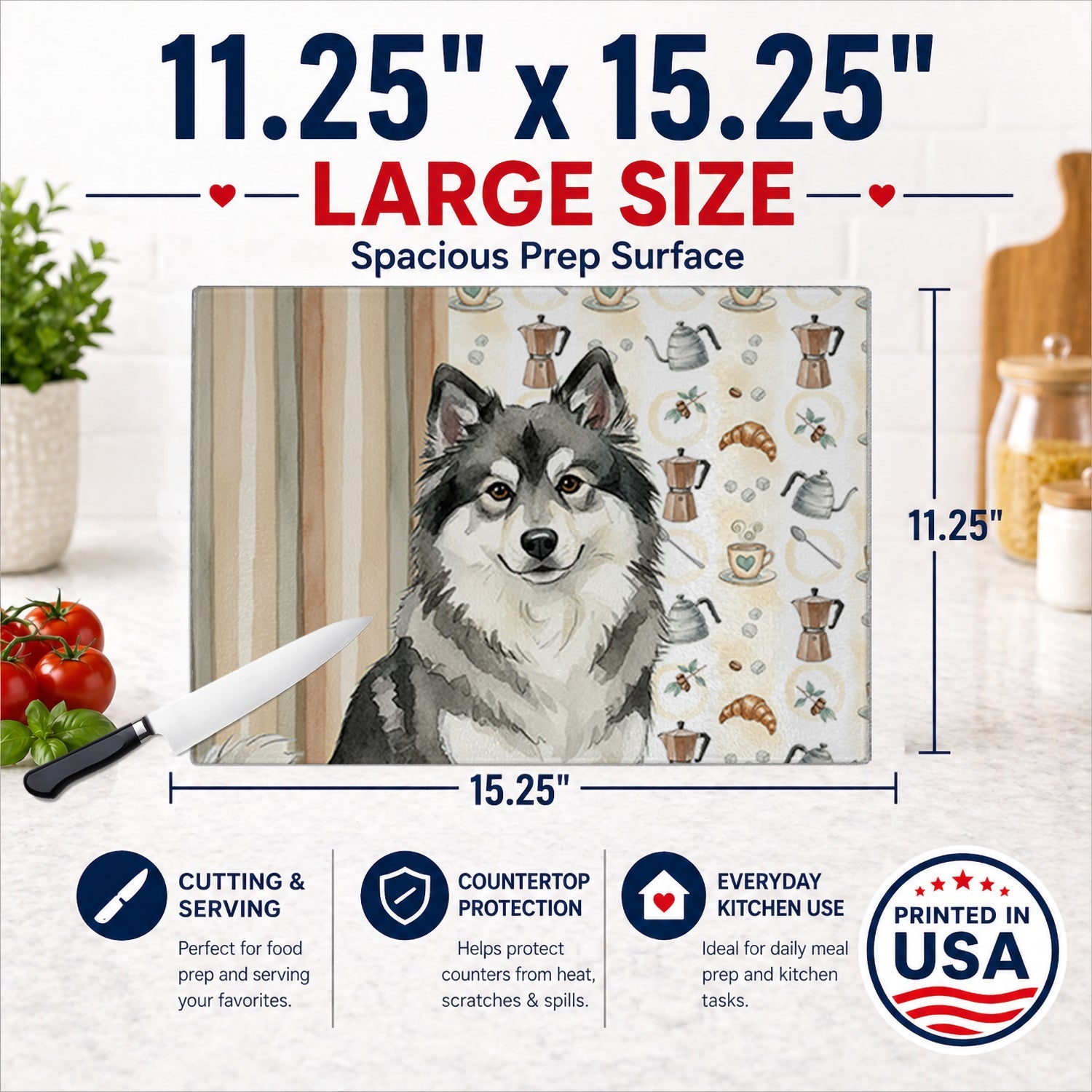 Keeshond Coffee Bar Cutting Board Tempered Glass Kitchen Cutting Surface, Heat Resistant Chopping, Non-Slip Feet, Food Prep & Serving