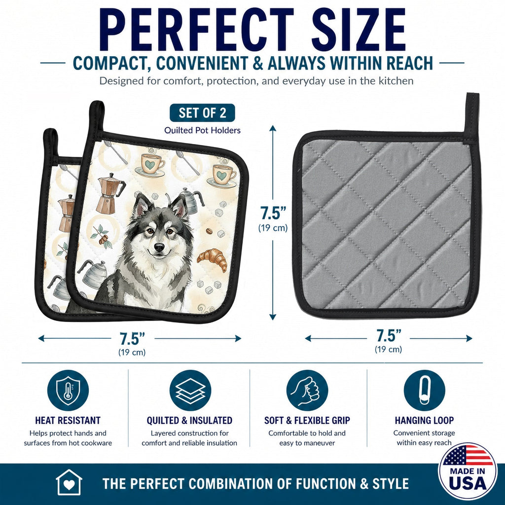 Keeshond Coffee Bar Pot Holder Set of 2 Heat Resistant Quilted Hot Pads 7.5 x 7.5 Inch, Insulated Kitchen Trivets for Cooking & Baking