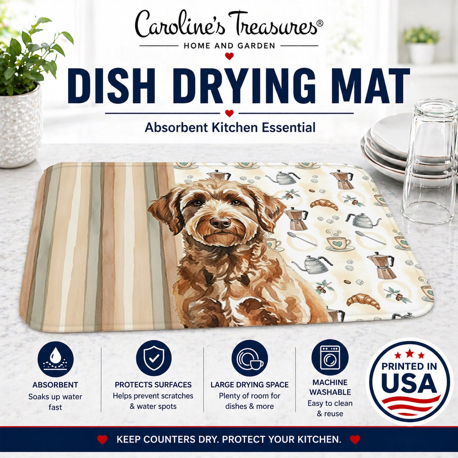 Chocolate Labradoodle Coffee Bar Dish Drying Mat Absorbent Dish Drying Mat Pad for Kitchen Counter Dish Drainer Mat for Countertop, 14 x 21", Multicolor