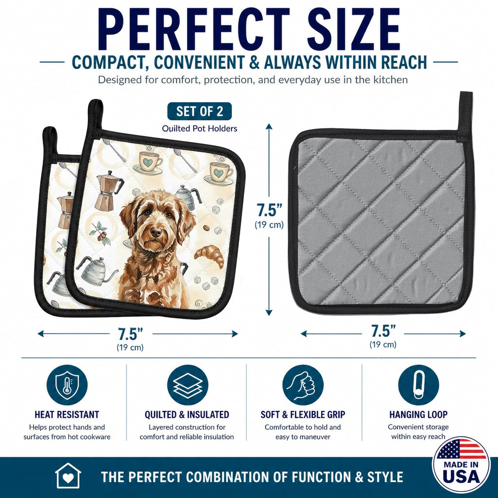Chocolate Labradoodle Coffee Bar Pot Holder Set of 2 Heat Resistant Quilted Hot Pads 7.5 x 7.5 Inch, Insulated Kitchen Trivets for Cooking & Baking