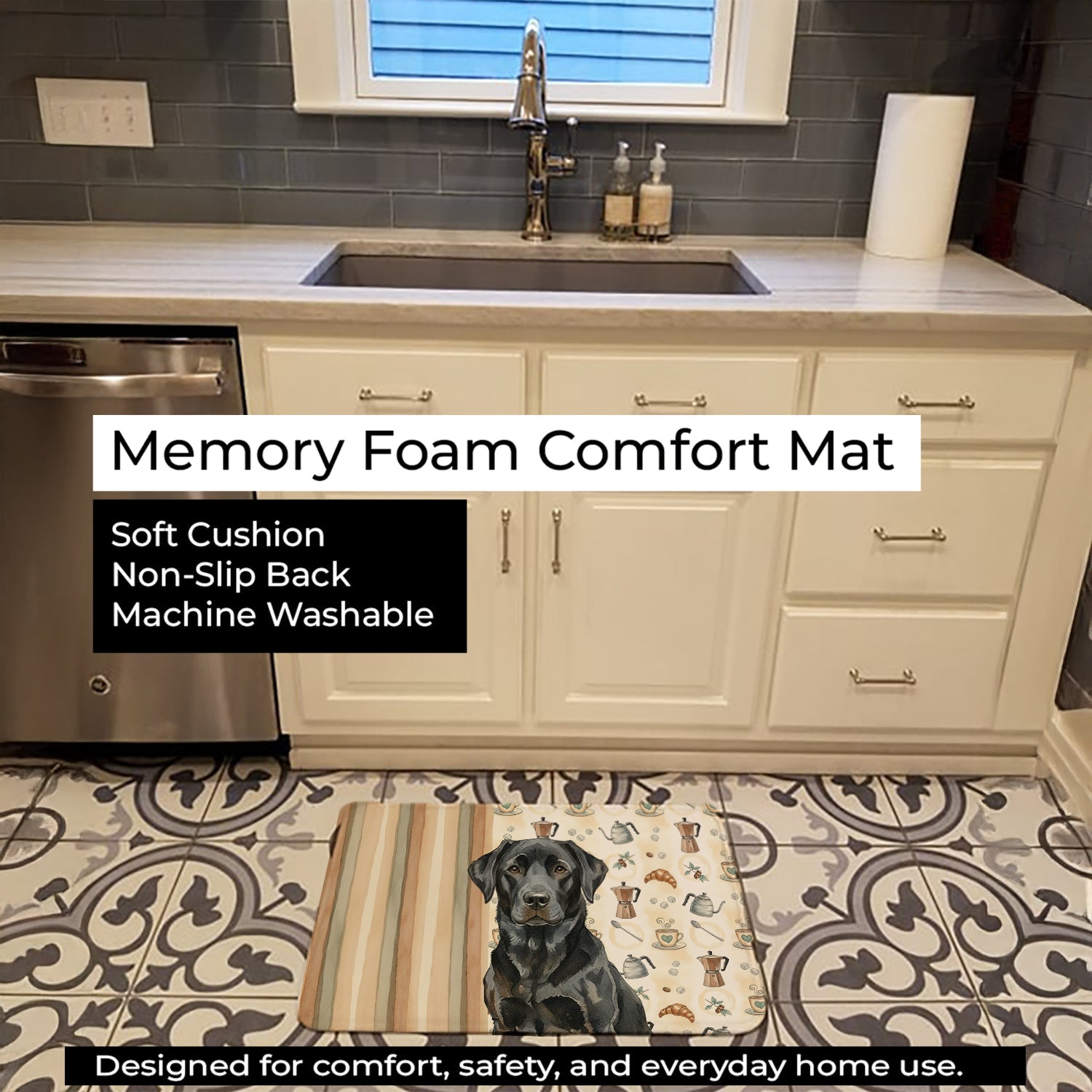 Black Labrador Retriever Coffee Bar Memory Foam Kitchen Mat Machine Washable Anti-Fatigue Cushion Comfort Bath or Kitchen Rug