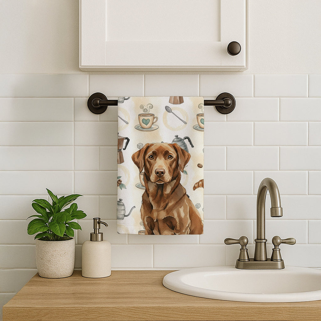 Chocolate Labrador Retriever Coffee Bar Kitchen Towel Velour Plush Front and Cotton Loop Back Machine Washable