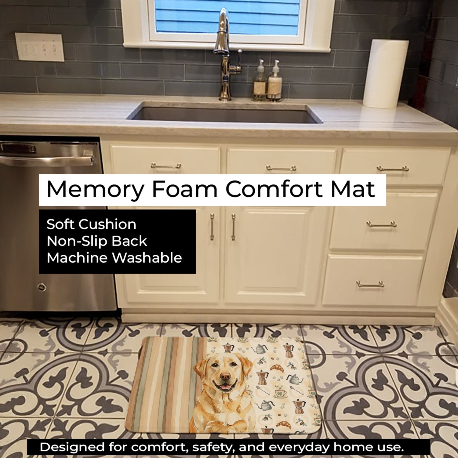 Yellow Labrador Retriever Coffee Bar Memory Foam Kitchen Mat Machine Washable Anti-Fatigue Cushion Comfort Bath or Kitchen Rug