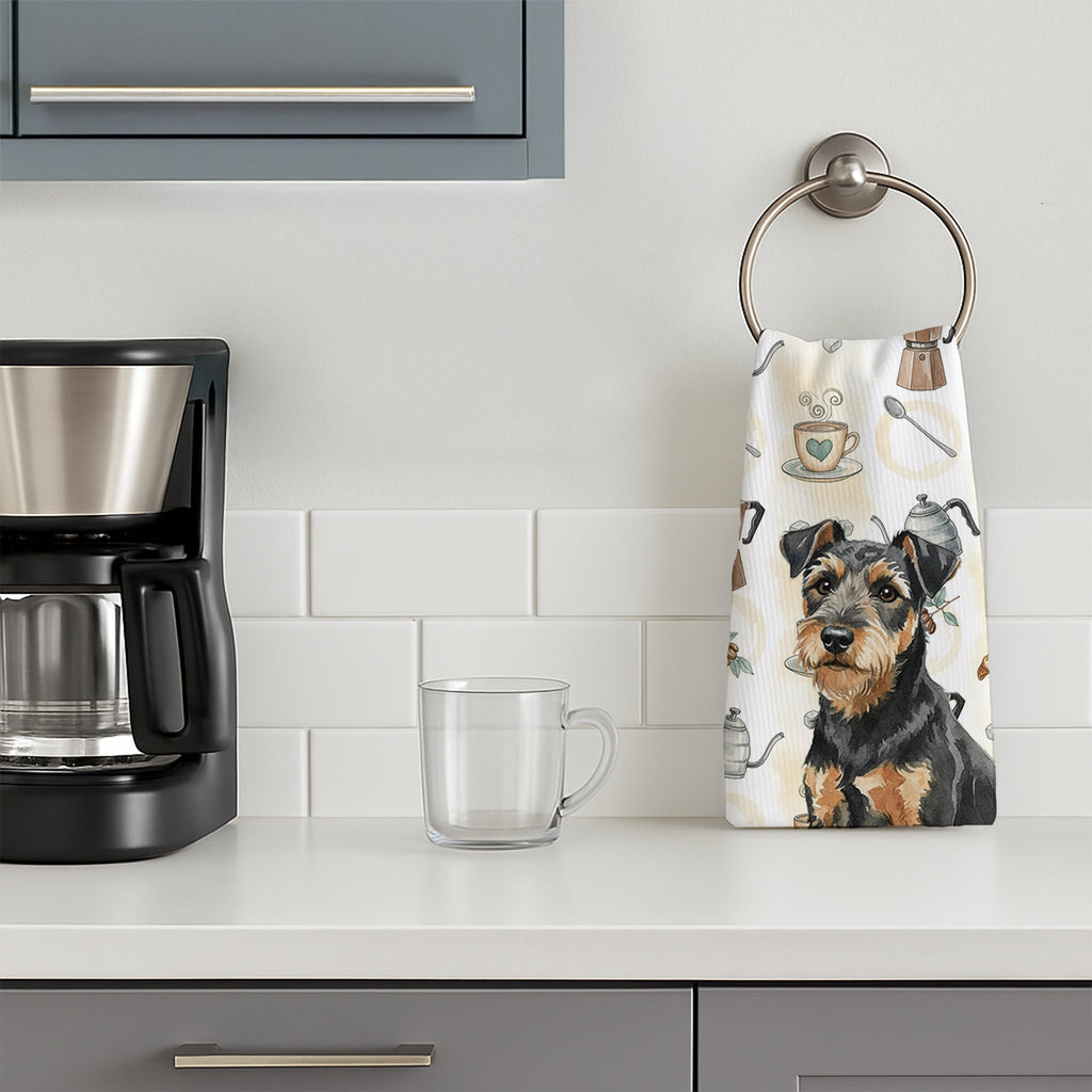 Black and Tan Lakeland Terrier Coffee Bar Kitchen Towel Velour Plush Front and Cotton Loop Back Machine Washable
