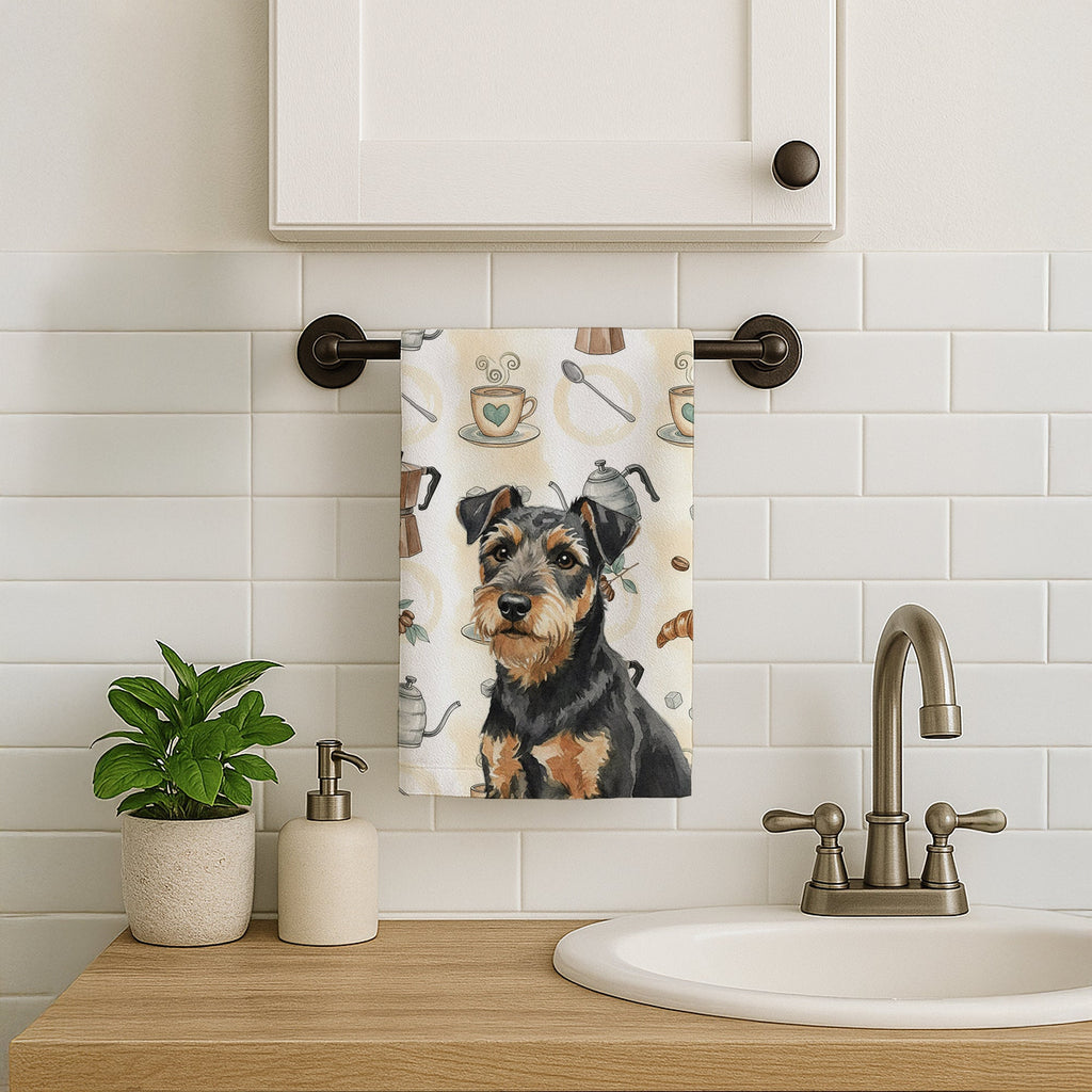 Black and Tan Lakeland Terrier Coffee Bar Kitchen Towel Velour Plush Front and Cotton Loop Back Machine Washable