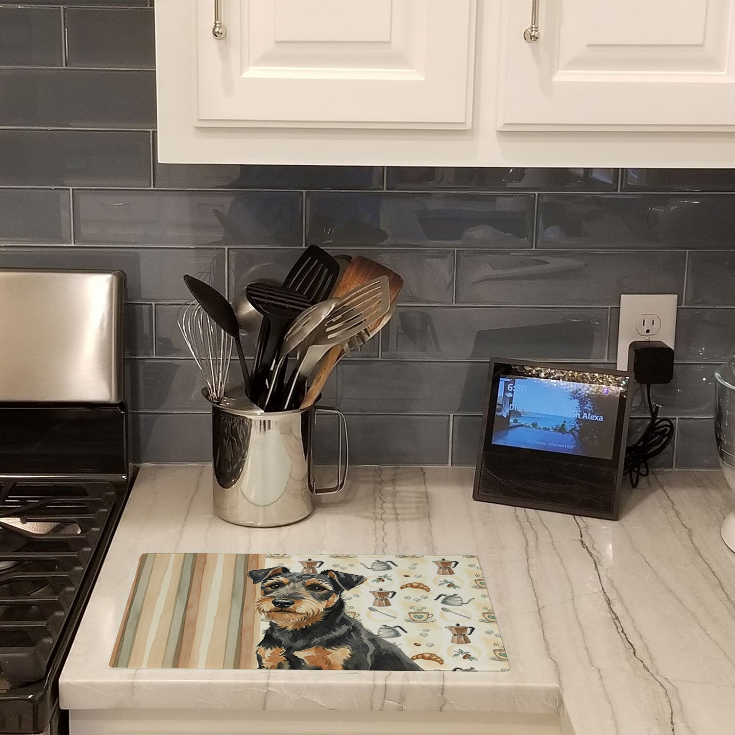 Black and Tan Lakeland Terrier Coffee Bar Cutting Board Tempered Glass Kitchen Cutting Surface, Heat Resistant Chopping, Non-Slip Feet, Food Prep & Serving