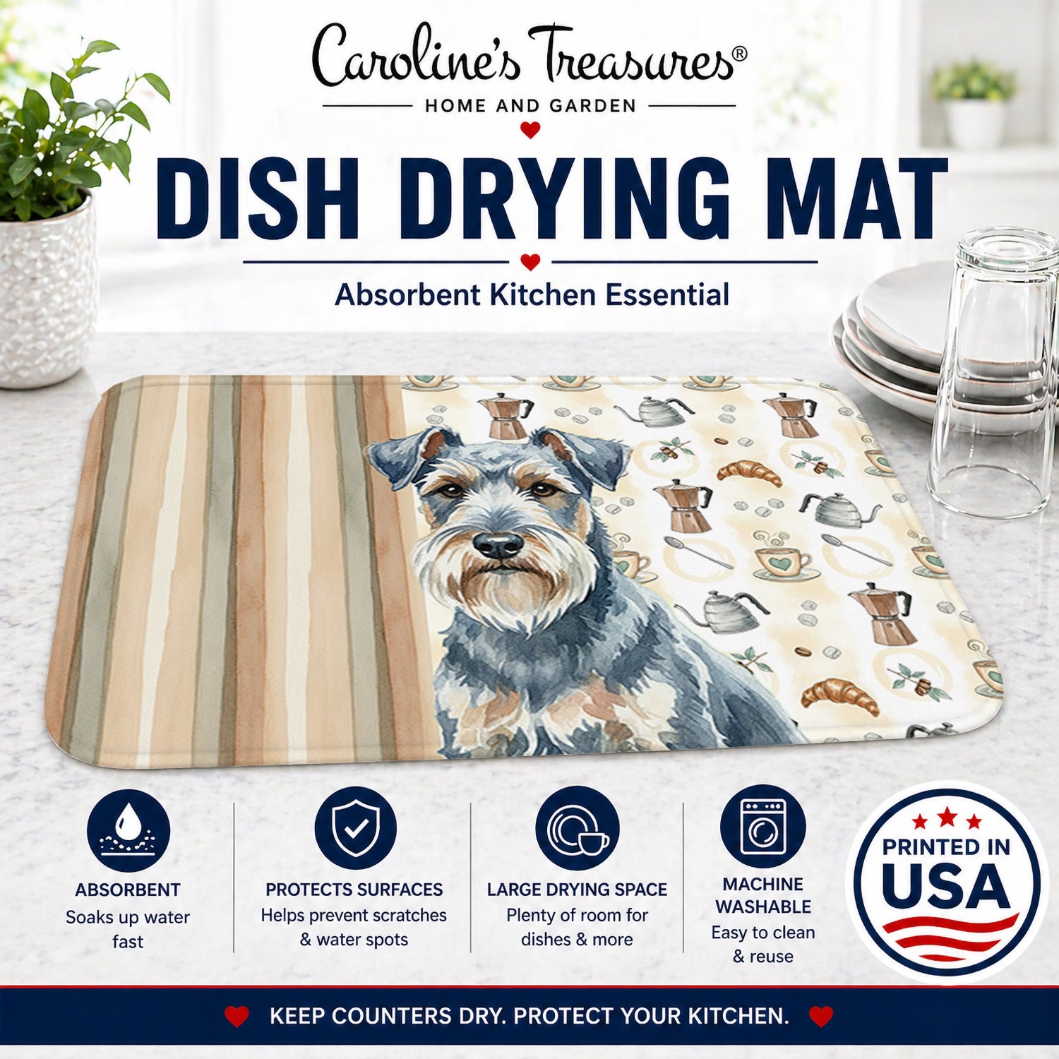 Blue Lakeland Terrier Coffee Bar Dish Drying Mat Absorbent Dish Drying Mat Pad for Kitchen Counter Dish Drainer Mat for Countertop, 14 x 21", Multicolor
