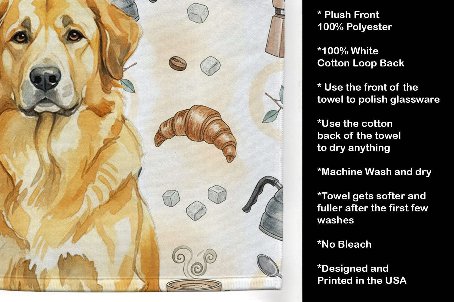 Lion Yellow Leonberger Coffee Bar Kitchen Towel Velour Plush Front and Cotton Loop Back Machine Washable