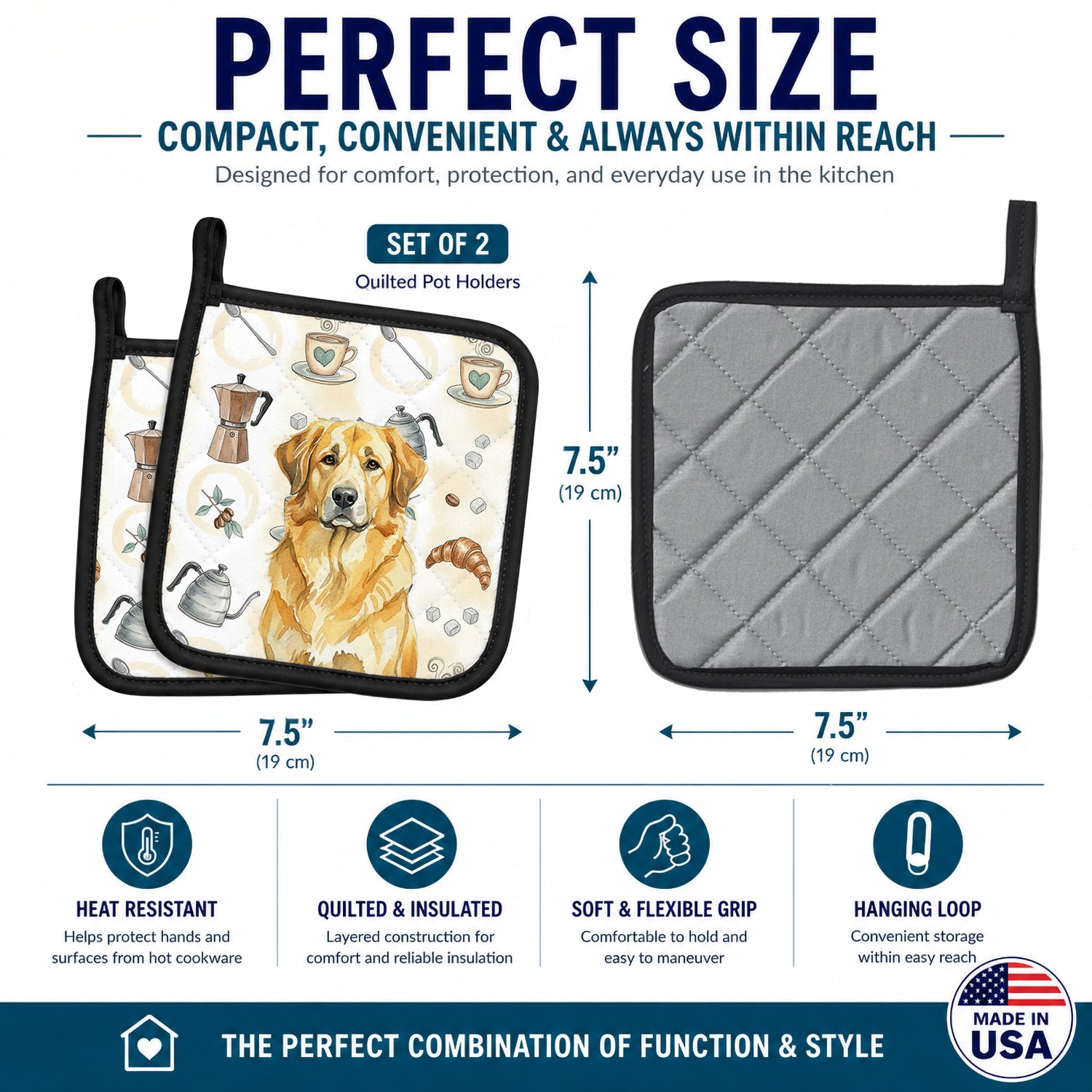 Lion Yellow Leonberger Coffee Bar Pot Holder Set of 2 Heat Resistant Quilted Hot Pads 7.5 x 7.5 Inch, Insulated Kitchen Trivets for Cooking & Baking