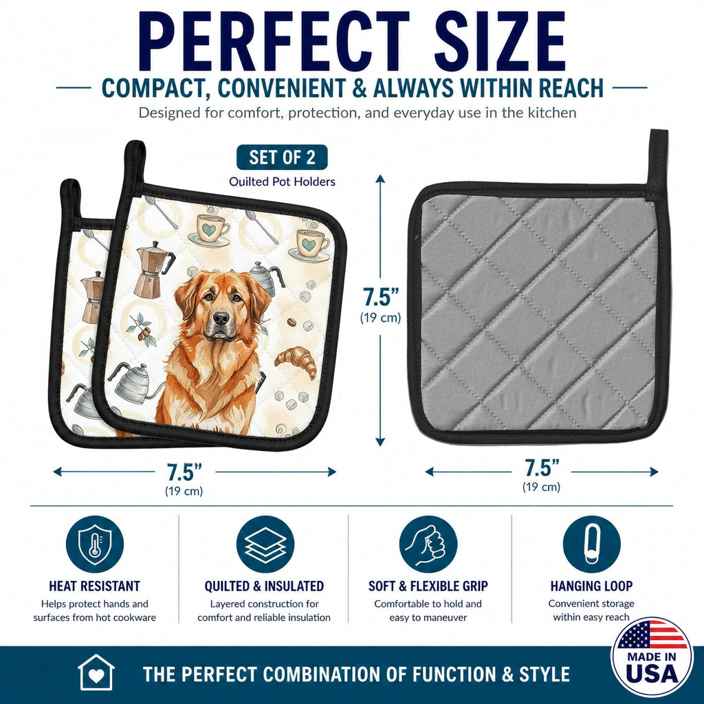 Red Leonberger Coffee Bar Pot Holder Set of 2 Heat Resistant Quilted Hot Pads 7.5 x 7.5 Inch, Insulated Kitchen Trivets for Cooking & Baking