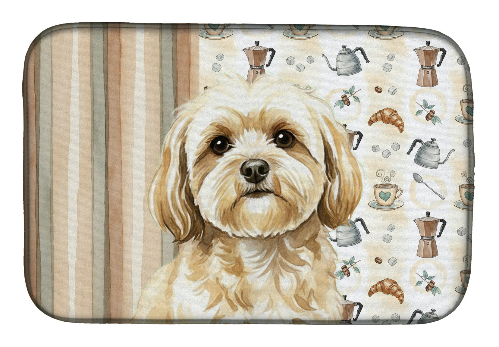 Cream Lhasa Apso Coffee Bar Dish Drying Mat Absorbent Dish Drying Mat Pad for Kitchen Counter Dish Drainer Mat for Countertop, 14 x 21", Multicolor
