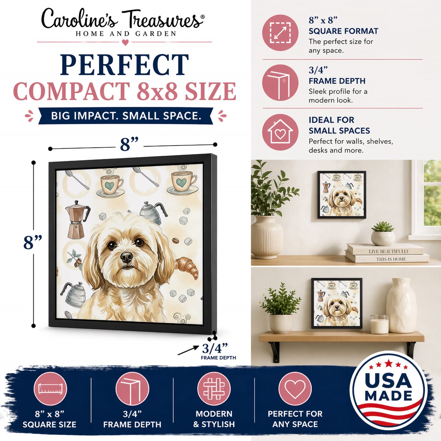 Cream Lhasa Apso Coffee Bar Framed Metal Print Bathroom, Kitchen, Office, Home Decor Wall Art Ready to Hang, Square, 8X8