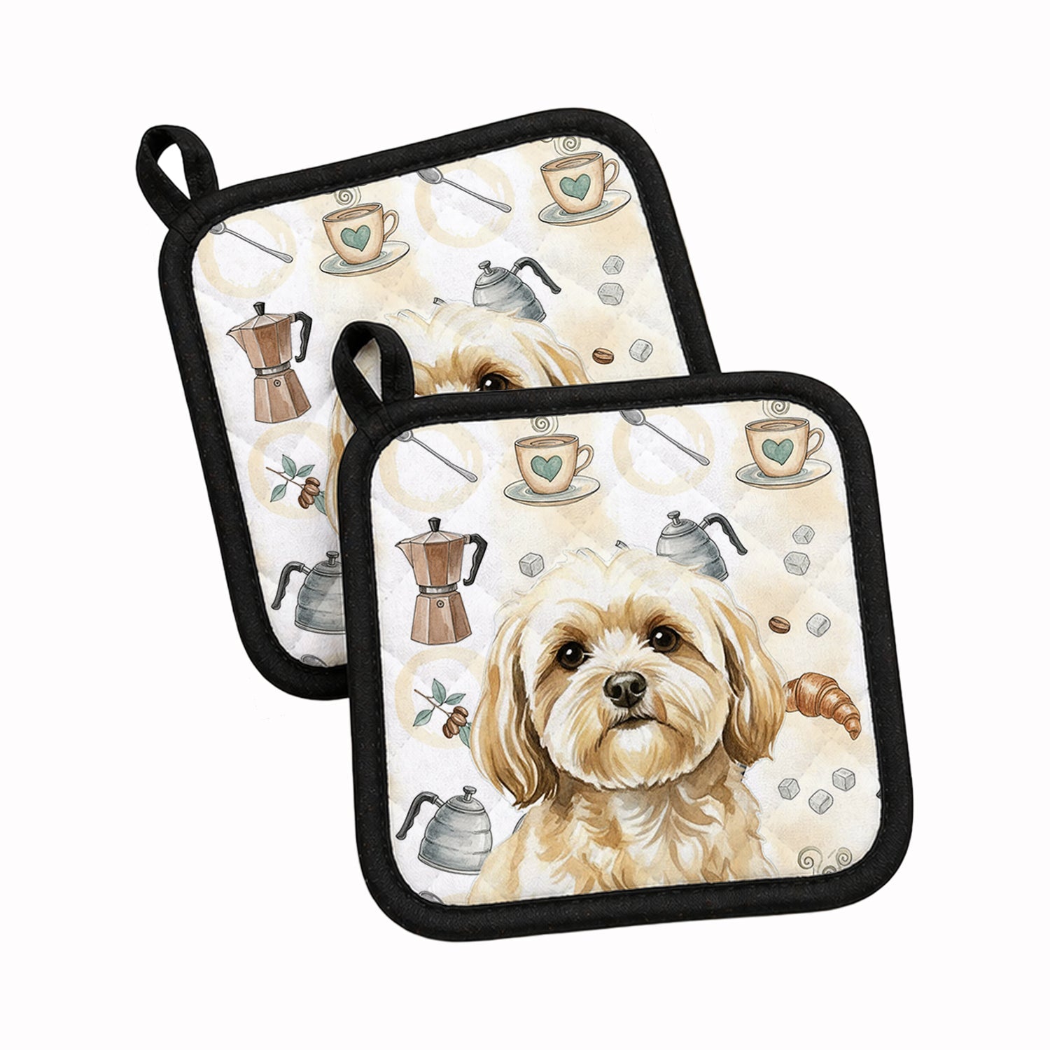 Cream Lhasa Apso Coffee Bar Pot Holder Set of 2 Heat Resistant Quilted Hot Pads 7.5 x 7.5 Inch, Insulated Kitchen Trivets for Cooking & Baking