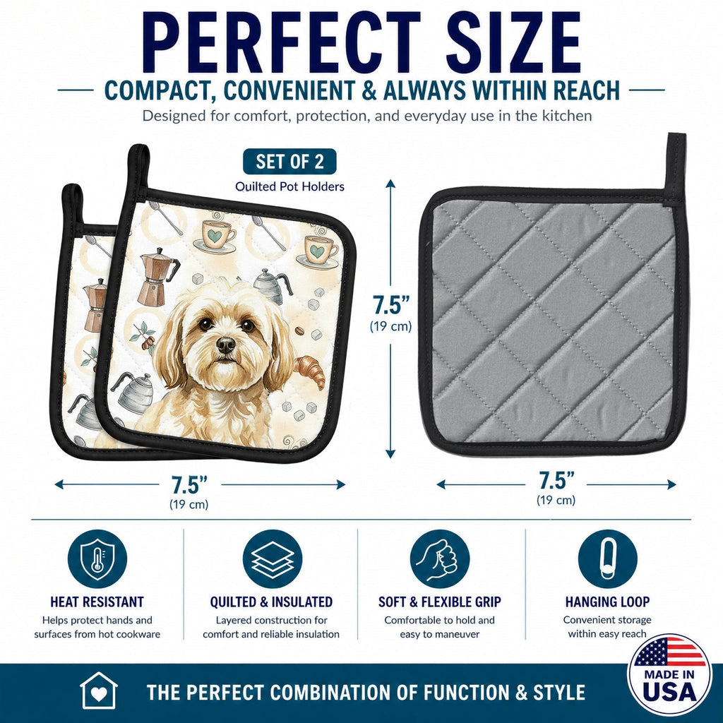 Cream Lhasa Apso Coffee Bar Pot Holder Set of 2 Heat Resistant Quilted Hot Pads 7.5 x 7.5 Inch, Insulated Kitchen Trivets for Cooking & Baking
