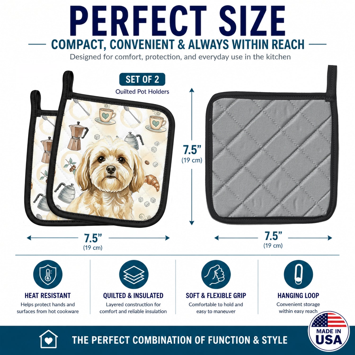 Cream Lhasa Apso Coffee Bar Pot Holder Set of 2 Heat Resistant Quilted Hot Pads 7.5 x 7.5 Inch, Insulated Kitchen Trivets for Cooking & Baking