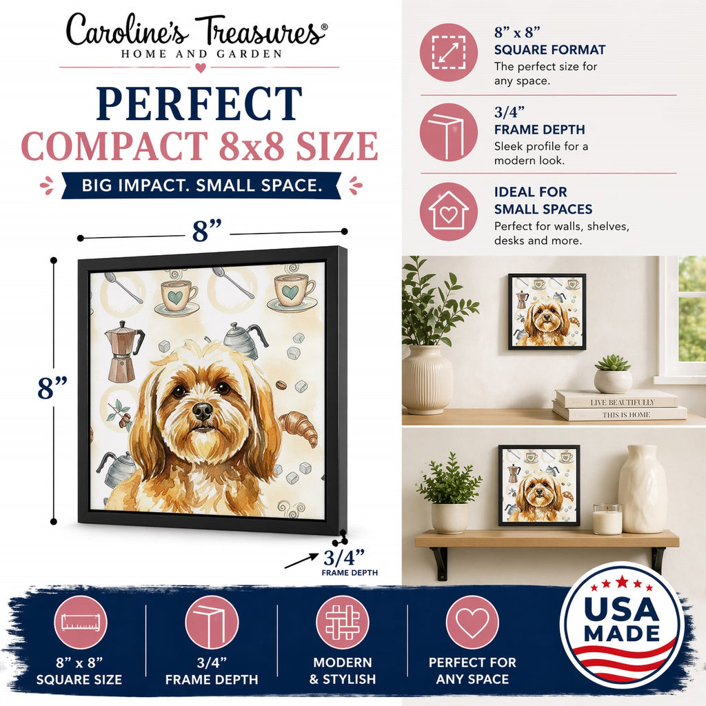 Gold Lhasa Apso Coffee Bar Framed Metal Print Bathroom, Kitchen, Office, Home Decor Wall Art Ready to Hang, Square, 8X8