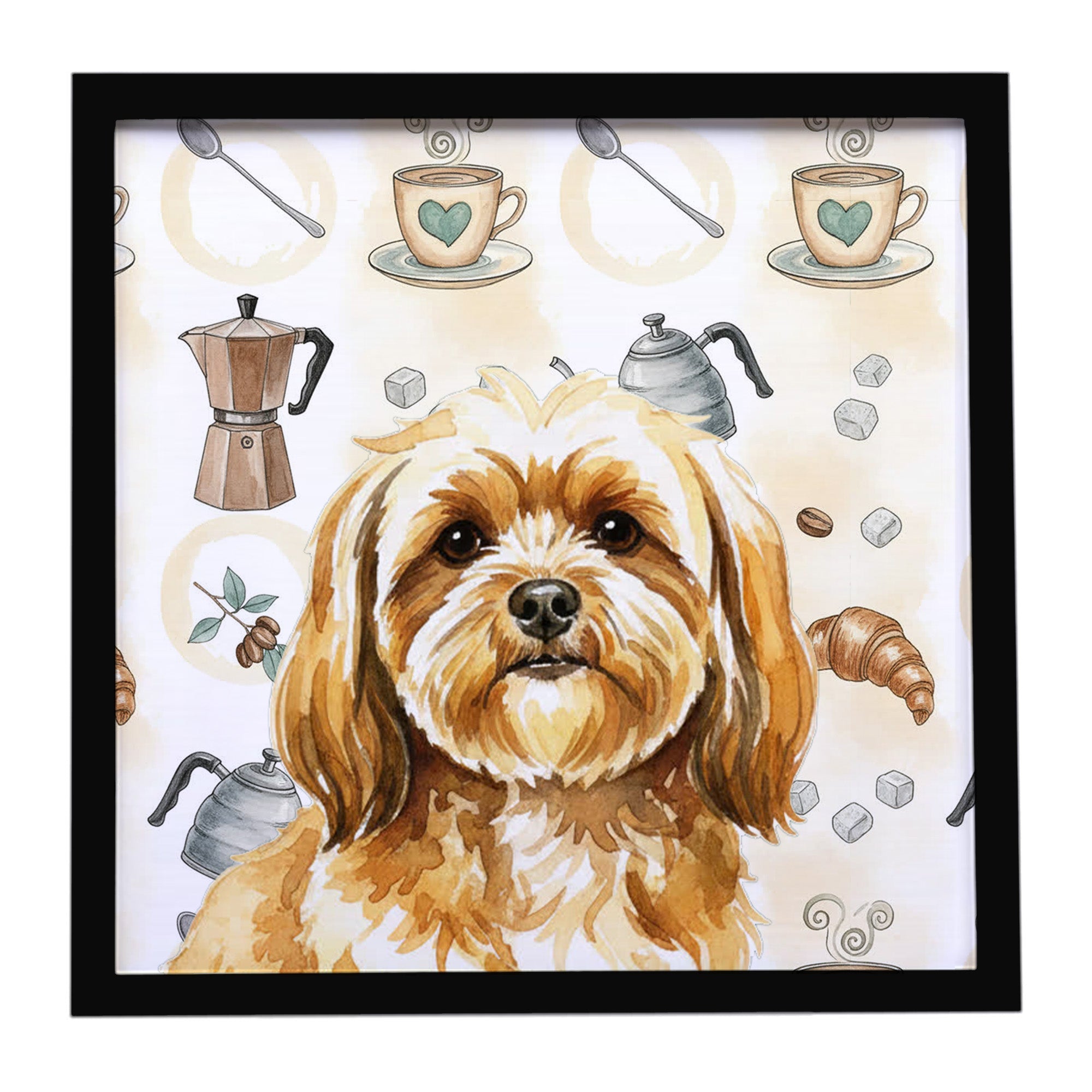 Gold Lhasa Apso Coffee Bar Framed Metal Print Bathroom, Kitchen, Office, Home Decor Wall Art Ready to Hang, Square, 8X8