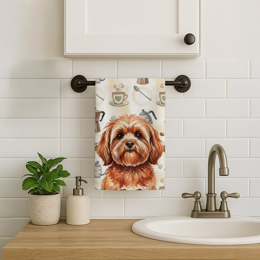 Red Lhasa Apso Coffee Bar Kitchen Towel Velour Plush Front and Cotton Loop Back Machine Washable
