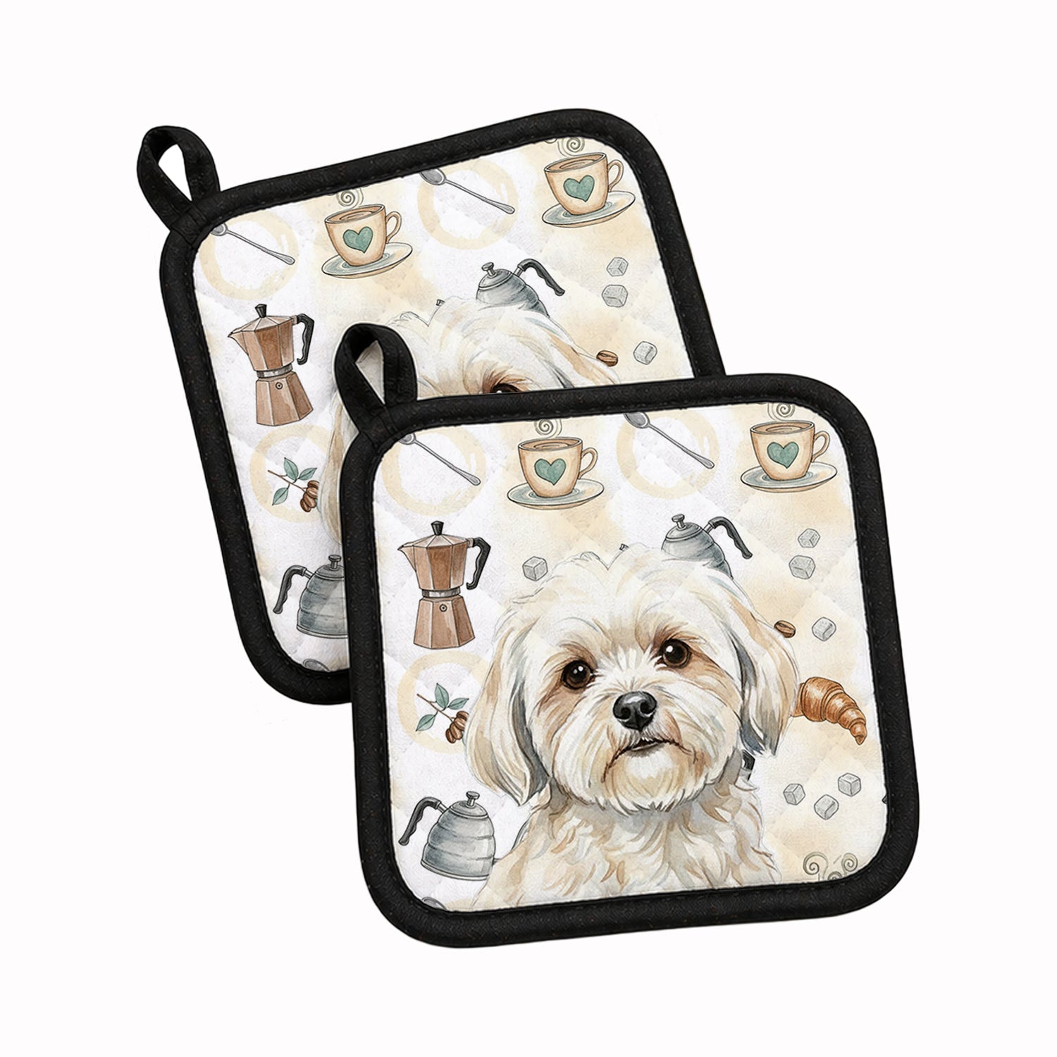 White Lhasa Apso Coffee Bar Pot Holder Set of 2 Heat Resistant Quilted Hot Pads 7.5 x 7.5 Inch, Insulated Kitchen Trivets for Cooking & Baking